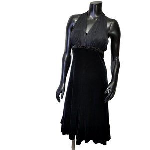 Vintage 90s Blondie Nites M Black Velvet Empire Waist Mesh Halter Cocktail Dress